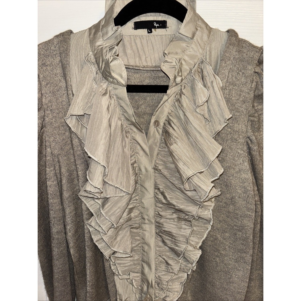 Ryu Anthropologie Sz L Taupe Gray Cardigan Faux Woven Shirt Ruffle Collar Inset